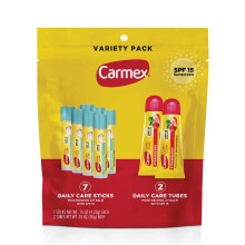 Carmex Daily Care Moisturizing Lip Balm Pack SPF 15 Strawberry & Cupcake Batter Flavor Variety Pack Bag 9 Count (7 Sticks 2 Tubes)