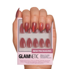 Glamnetische pers op nagels - Rose | Korte amandelroze roze nagels met een betoverende metallic afwerking | 15 maten - 30 nagelkit met lijm