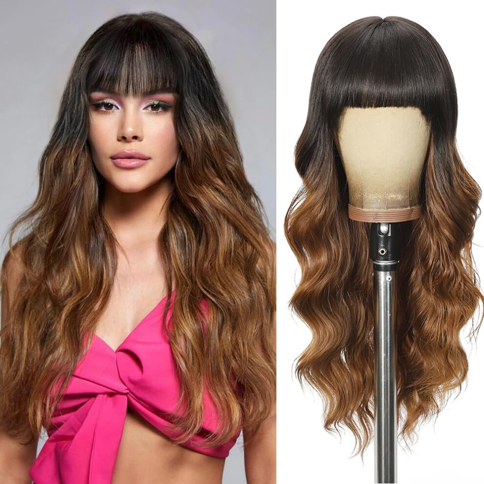 Unnymger Unisex Black,Brown Black To Brown Wigs With Bangs Long Curly Wavy Wig For Women Natural Synthetic Wigs For Daily Party Use 26In(Black To Brown)