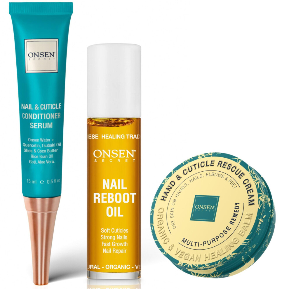 Onsen Nail & Cuticle Rescue Kit - Conditioner Serum Repair Oil & Cuticle Balm - Tsubaki Shea Butter Jojoba - Strengthens Nails Softens Cuticl