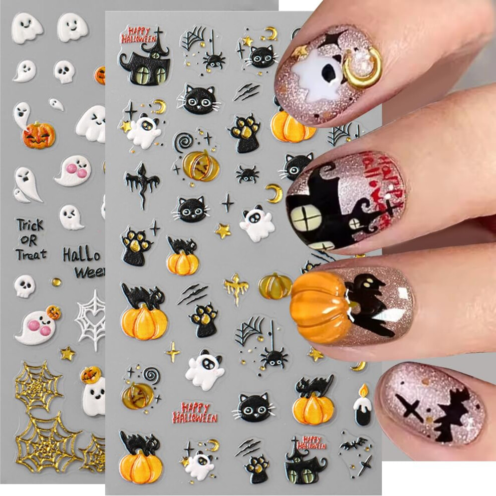 Qdsuh Gold/Black Halloween Nail Stickers For Nail Art Halloween Nail Decals 5D Embossed Pumpkin Ghost Cat Spider Nail Art Supplies For Women Girls (2S