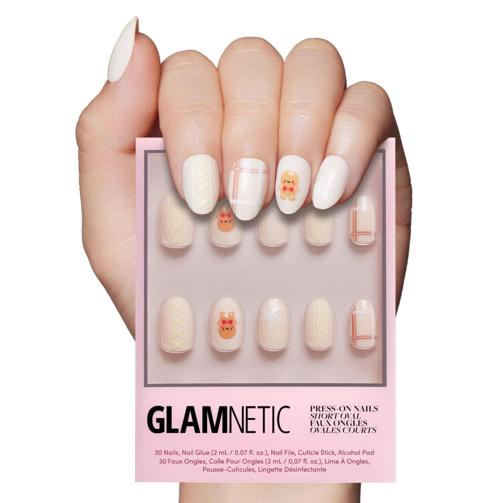 Glamnetic Press On Nails - Gingerbread Knit | Graphic Gingerbread Sweater Knit 3D Opaque Short Oval False Nails Reusable Stick On Fake Nails Wit
