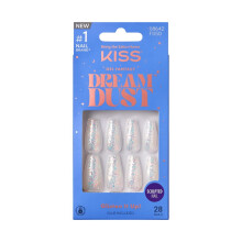 KISS False Nails Kit Dreamdust Ready to Wear Gel Sculpted Nails Stick and Glue Included Long Length Coffin Shape with White Glitter Effect Long-