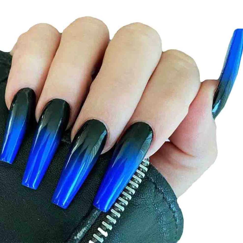 Outyua Black Ombre Extra Long Press On Nails Coffin Fake Nails Ballerina False Nails Acrylic Halloween Christmas Nails For Women And Girls 24Pcs (
