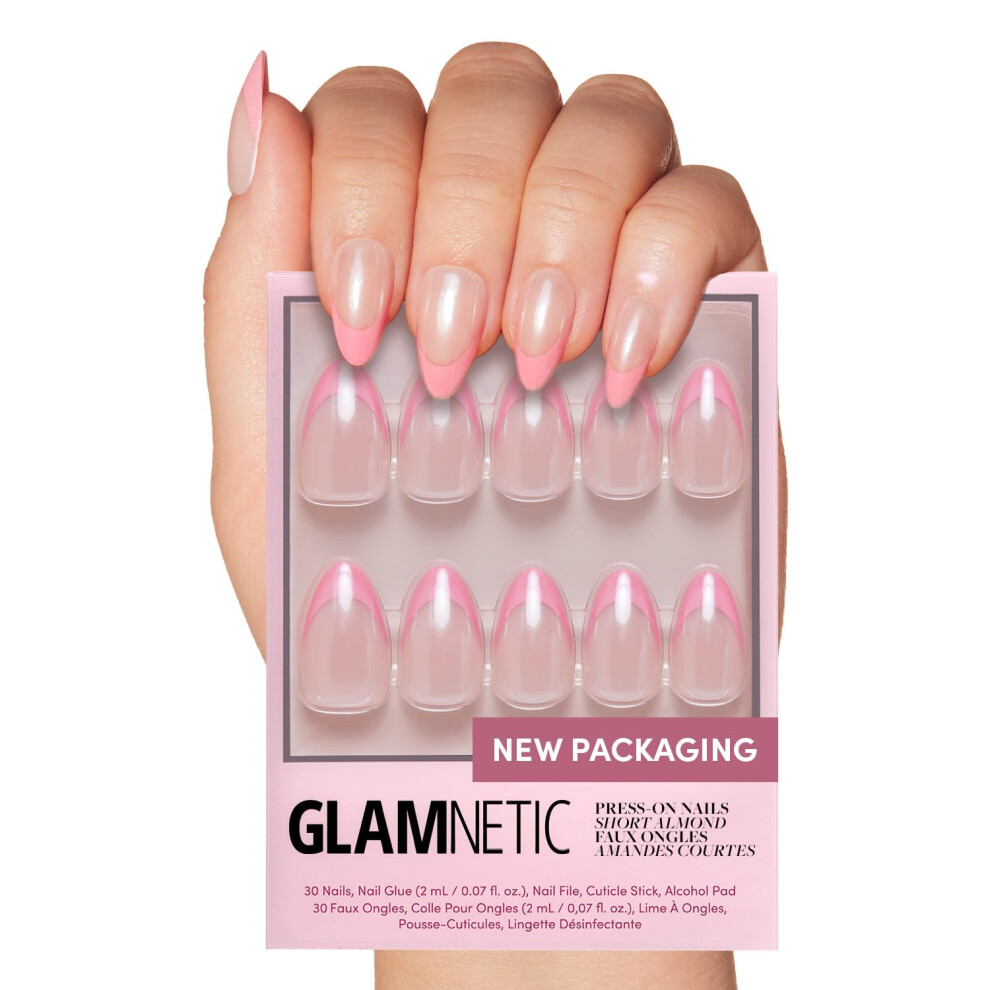 Glamnetic Pink Press On Nails - Bubble Gum Glaze | Short Almond French Tip Nails With A Glaze Finish | 15 Sizes - 30 Nail Kit With Glue