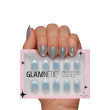 Glamnetic Press On Nails - Unicorn Tears | Lyhyet soikeat sumunharmaat kynnet lumoavalla metallilla | 15 kokoa - 30 kynsisarja liimalla