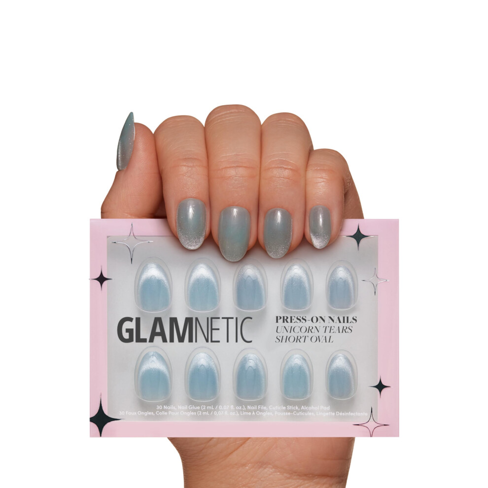 Glamnetic Grey Press On Nails - Unicorn Tears | Short Oval Misty- Nails With A Mesmerizing Metallic Finish | 15 Sizes - 30 Nail Kit With Glue
