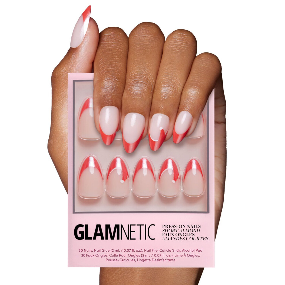 Glamnetic Red Press On Nails - Mrs. Claus | Semi-Transparent French Tip Santa Hat Short Almond False Nails Reusable Stick On Fake Nails With Glu