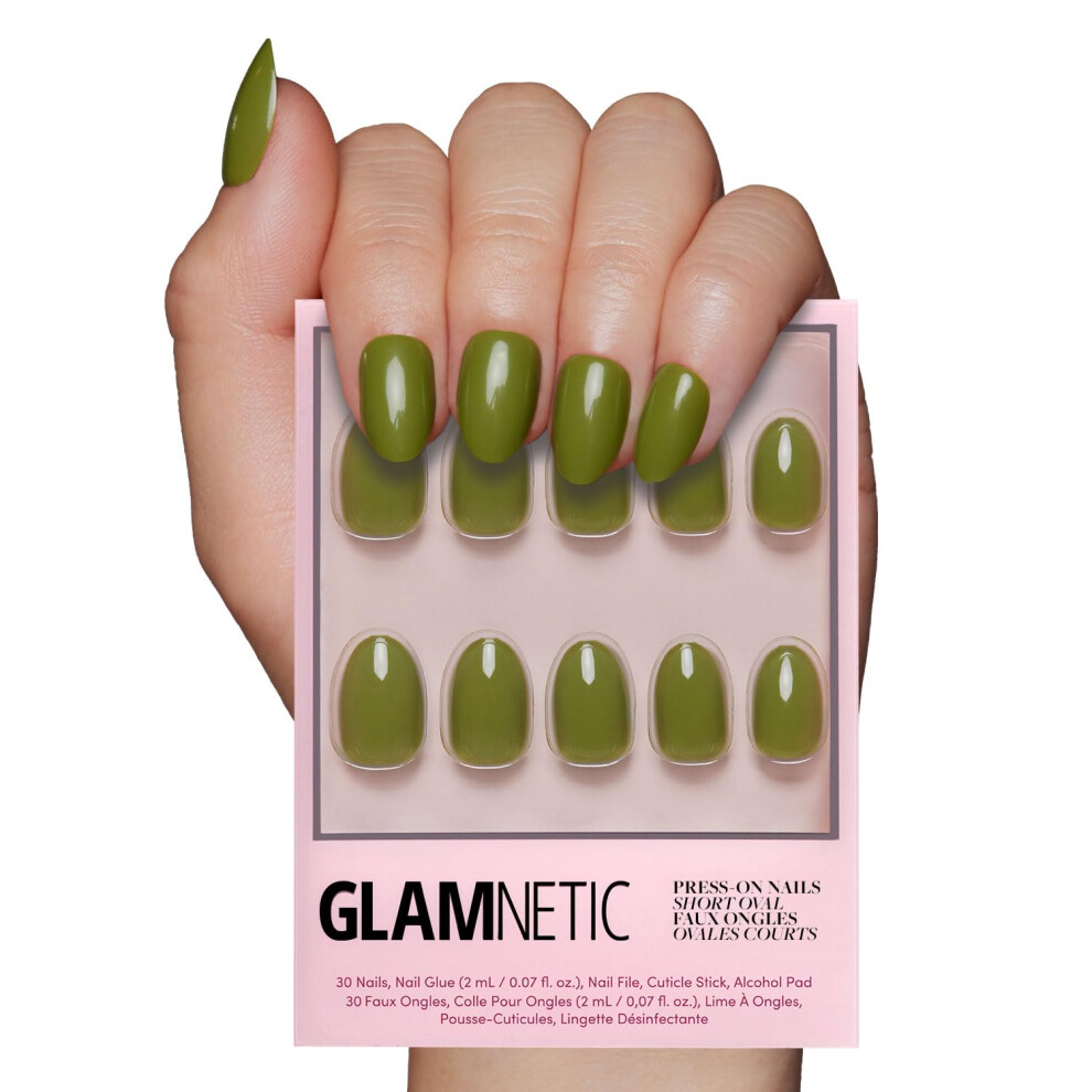 Glamnetic Green Press On Nails - Moss | Opaque Earthy Short Oval False Nails Reusable Stick On Fake Nails With Glue | Salon Quality | 15 S