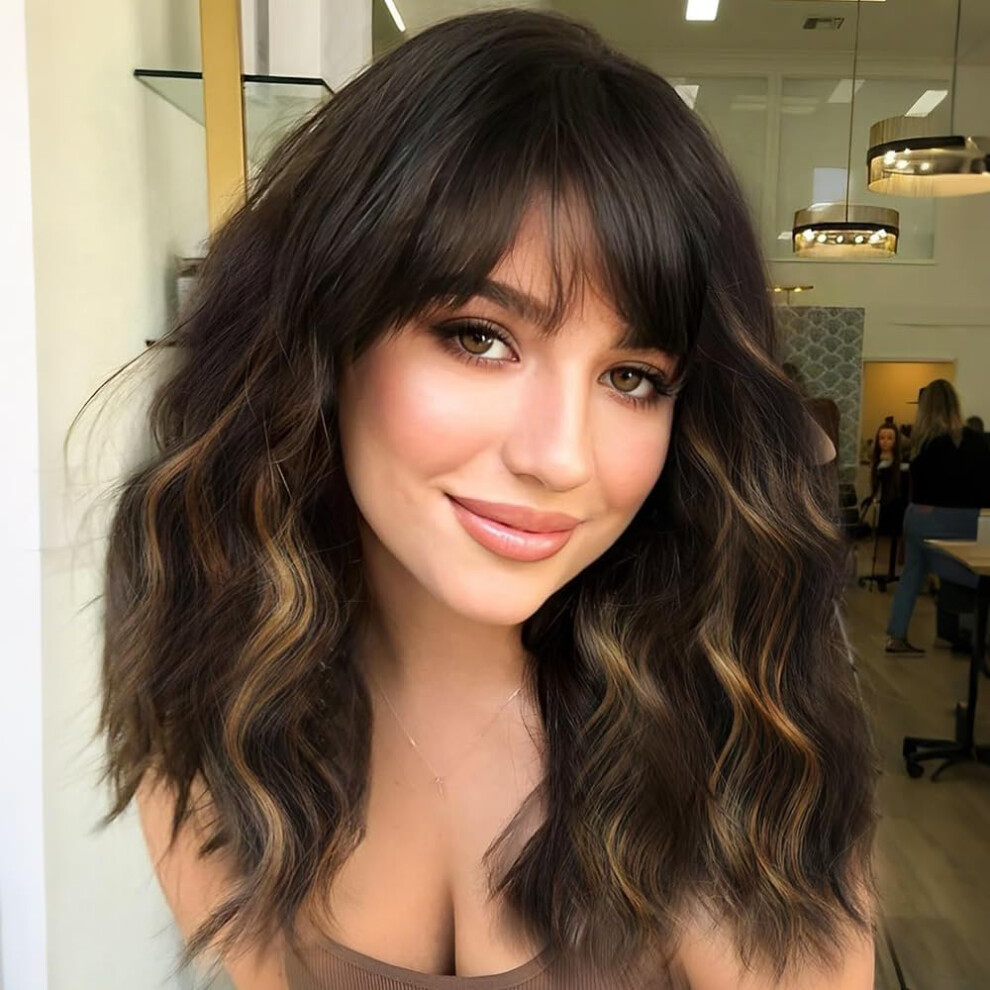 Ucubb Unisex Short Bob Wavy Wig With Bangs For Women Loose Curly Wig Look Natural Shoulder Length Bob Wigs