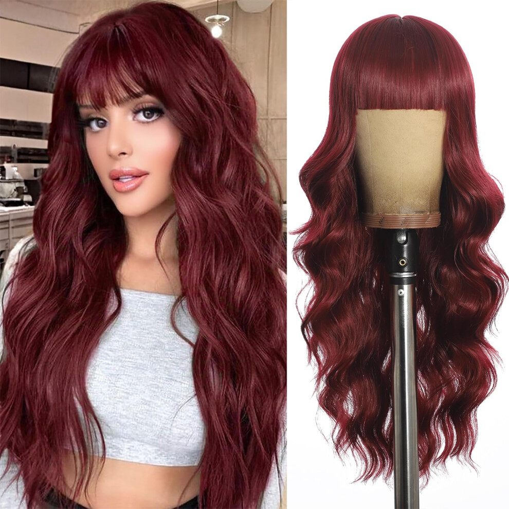 Unnymger Unisex Red Wine Wigs With Bangs For Women Long Wine Wavy Wigs 26In Natural Synthetic Wig For Daily Party Use(Wine )