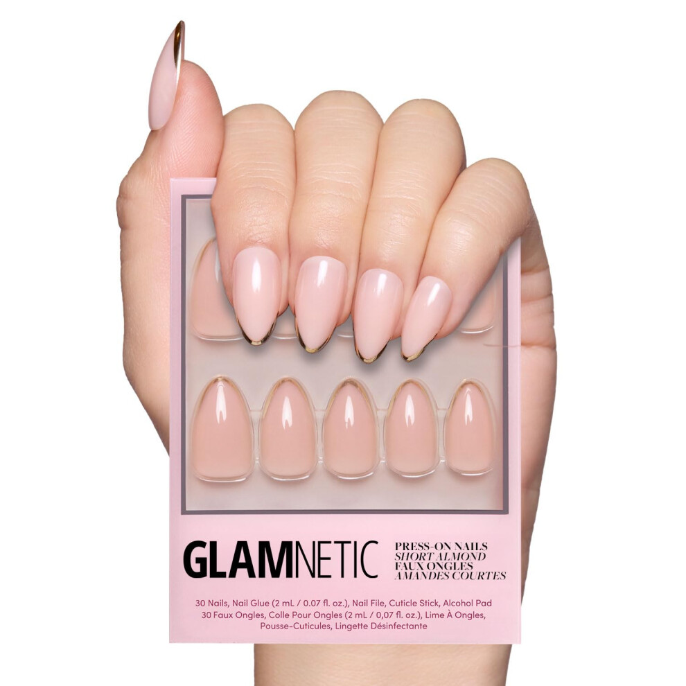 Glamnetic Gold Press On Nails - Standard | Short Almond Nails With French Tips Reusable Stick On Fake Nails With Glue | Love In Bloom Valen