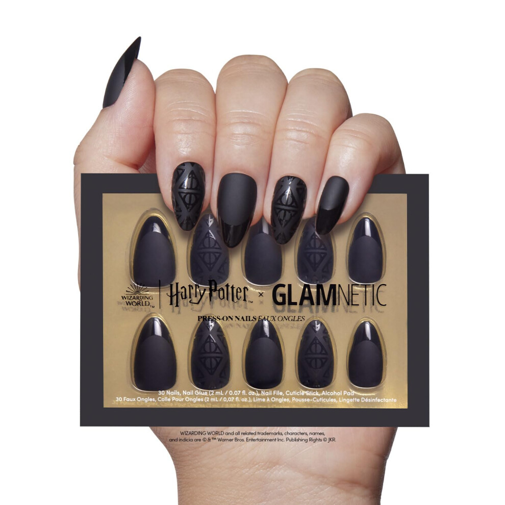 Glamnetic Black Harry Potter X Press On Nails - Deathly Hallows | Harry Potter Graphic Short Almond False Nails, Reusable Stick On Fake Nails With Glu