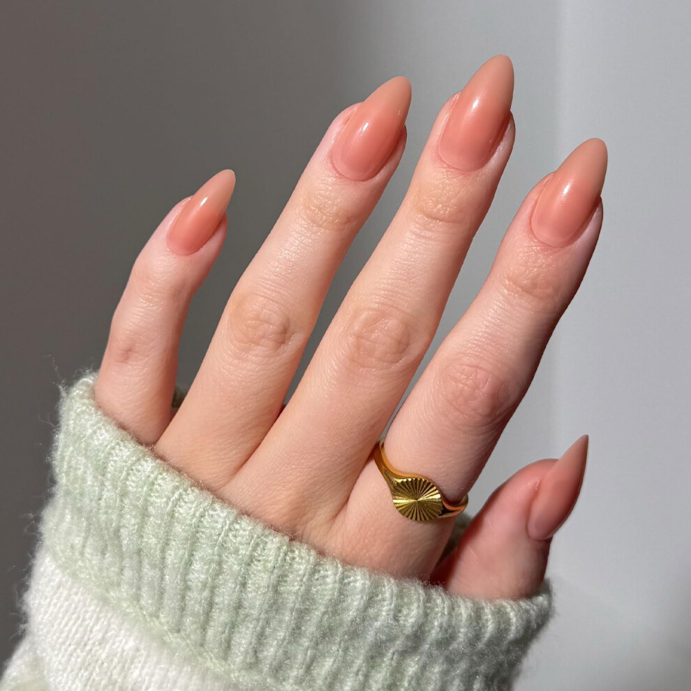 Glamnetic Pink Press On Nails - Sheer Peach | Medium Almond Fake Nails Sheer Peach Neutral Salon Quality | 15 Sizes - 30 Nail Kit Wtih Glue
