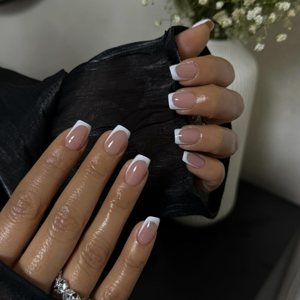 Sxvme White 30Pcs French Tip Press On Nails Short Square Nails Press Ons Short Fake Nails Coffin Acrylic Nails French Glue On Nails Short False Nails