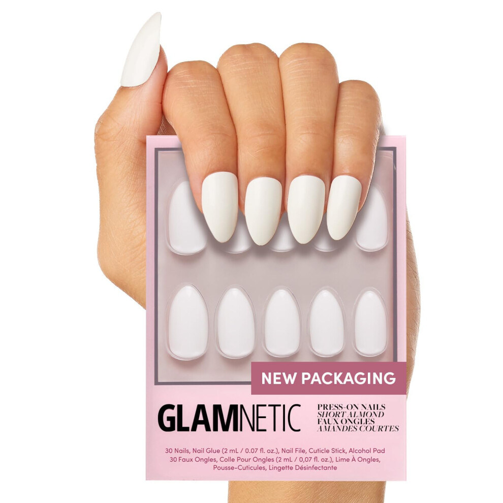 Glamnetic White Press On Nails - Angel | Opaque Short Almond Nails, Reusable | 12 Sizes - 24 Nail Kit