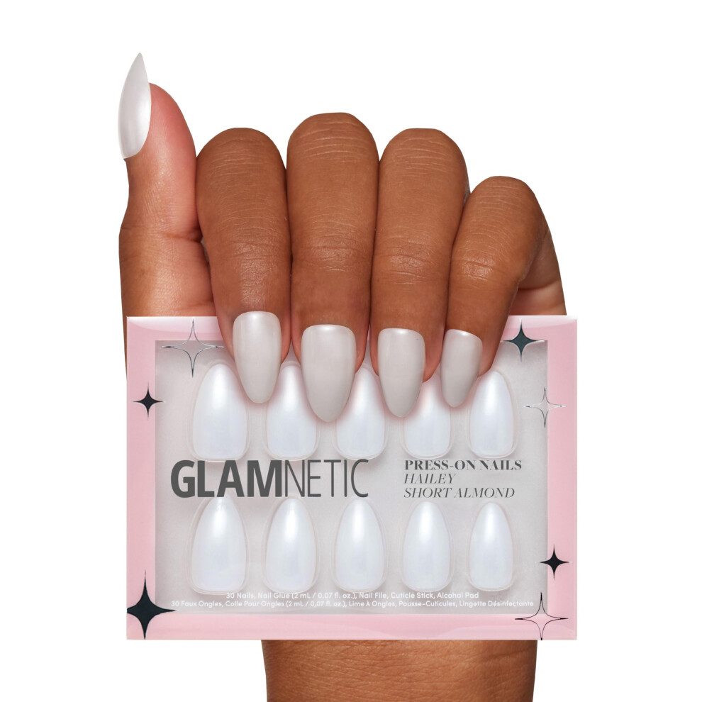 Glamnetic Press On Nails - Hailey | Glossy, Semi-Transparent, Short Almond Nails, Reusable | 15 Sizes - 30 Nail Kit With Glue