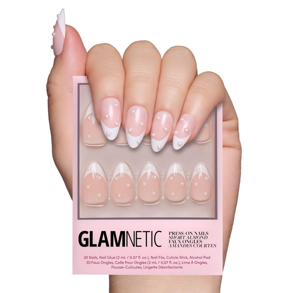 Glamnetic White Press On Nails - French Pearl | Short Almond French Tip Nails With Pearl Accents Reusable Stick On Fake Nails With Glue | Love In Bloo