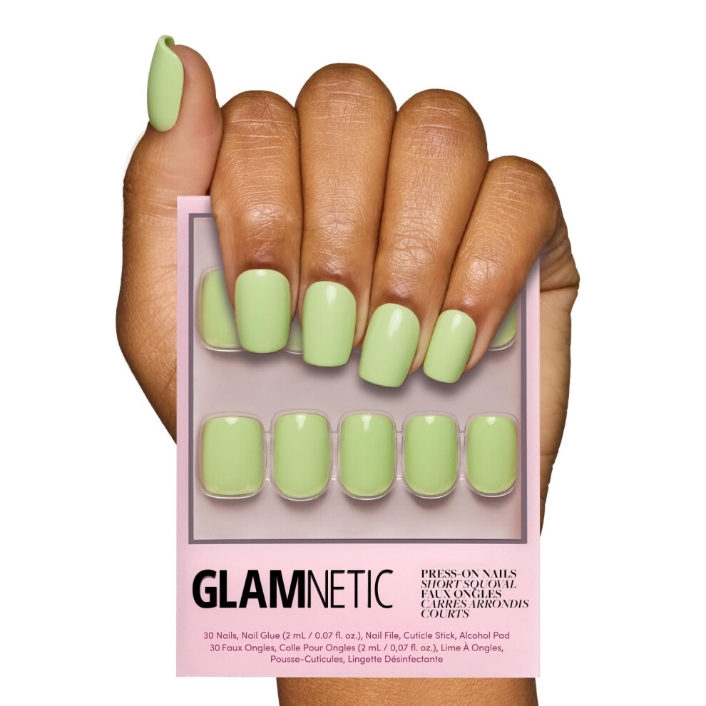 Glamnetic Green Press On Nails - Light Sage | Short Squoval Glossy Sage Fake Nails Reusable Spring Nails | 15 Sizes - 30 Nail Kit With Gl