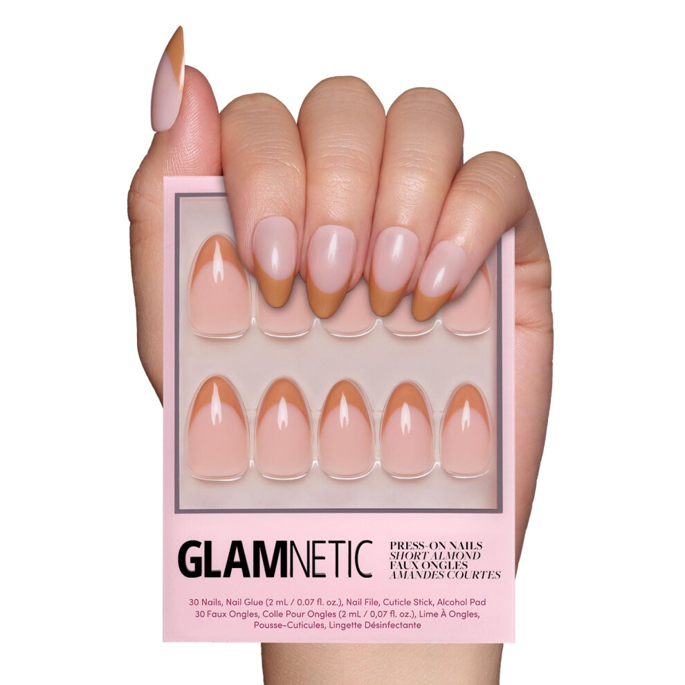 Glamnetic Light/Brown Press On Nails - Caf? Crme | Semi-Transparent French Tip Short Almond False Nails Reusable Stick On Fake Nails With Glue |