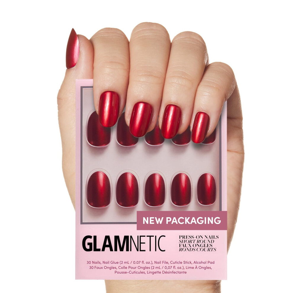 Glamnetic Red Press On Nails - Cherry Glaze | Short Round Bright Cherry Nails With A Glaze Finish | 15 Sizes - 30 Nail Kit With Glue