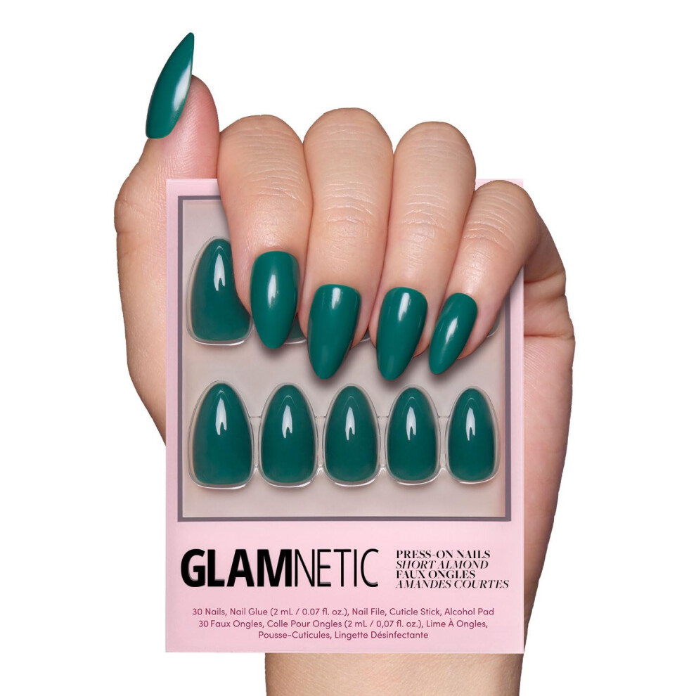 Glamnetic Green Press On Nails - Emerald | Opaque Cool Tone Deep Emerald Short Almond Short Almond False Nails Reusable Stick On Fake Nai