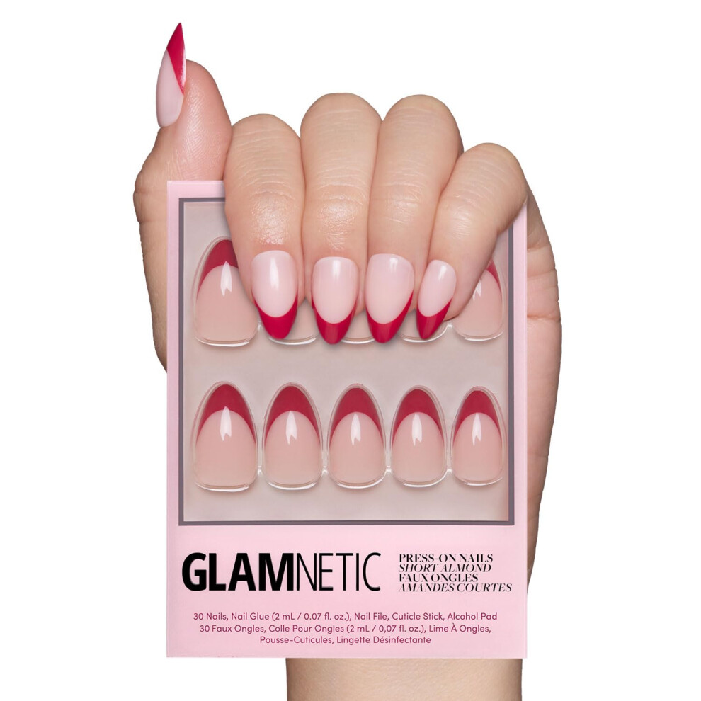Glamnetic Red Press On Nails - Rose Garden | Semi-Transparent French Tip Short Almond False Nails Reusable Stick On Fake Nails With Glue | Salon