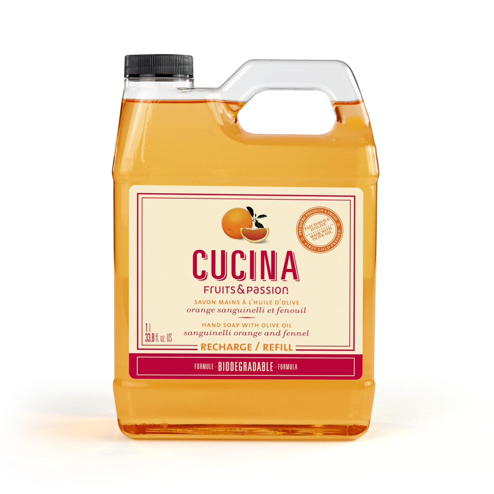 Cucina Orange Fruits & Passion Hand Soap Refill - 1 Liter (33.8 Oz) Sanguinelli And Fennel - Purifying All Natural Kitchen Hand Soap With Olive O