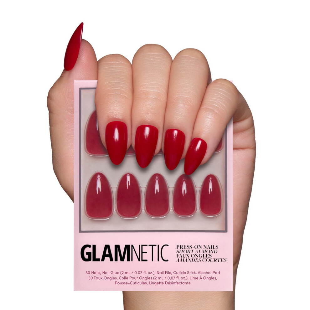 Glamnetic Red Press On Nails - Classic | Opaque Cool Tone Timeless Short Almond Short Almond False Nails Reusable Stick On Fake Nails With