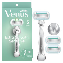 Venus Extra Smooth Sensitive Vrouwen Scheermes met Herbruikbare Handgreep, 3 Scheermesjes en Douchhouder