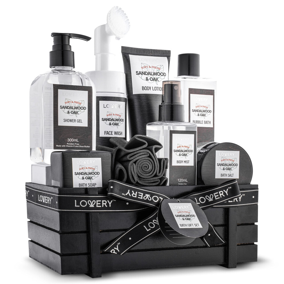 Birthday Gifts Spa Kit for Men - Sandalwood and Oak Scented Bath Gift Set and Shower Gift Basket With Face Wash & Brush Shower Gel Bubble Bath