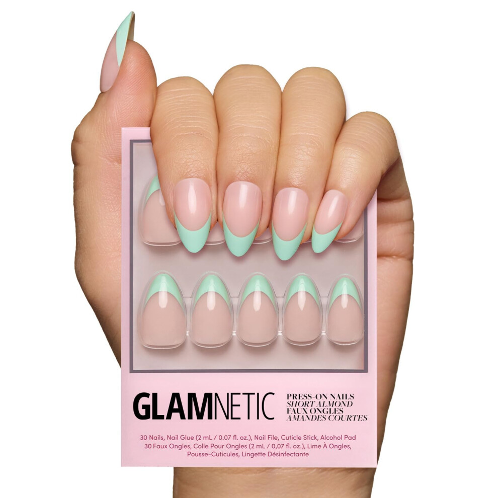 Glamnetic Blue Press On Nails - Pistachio Crme | Short Almond Mint French Tips With A Glossy Finish Fake Nails Reusable | 15 Sizes - 30 Nail Ki