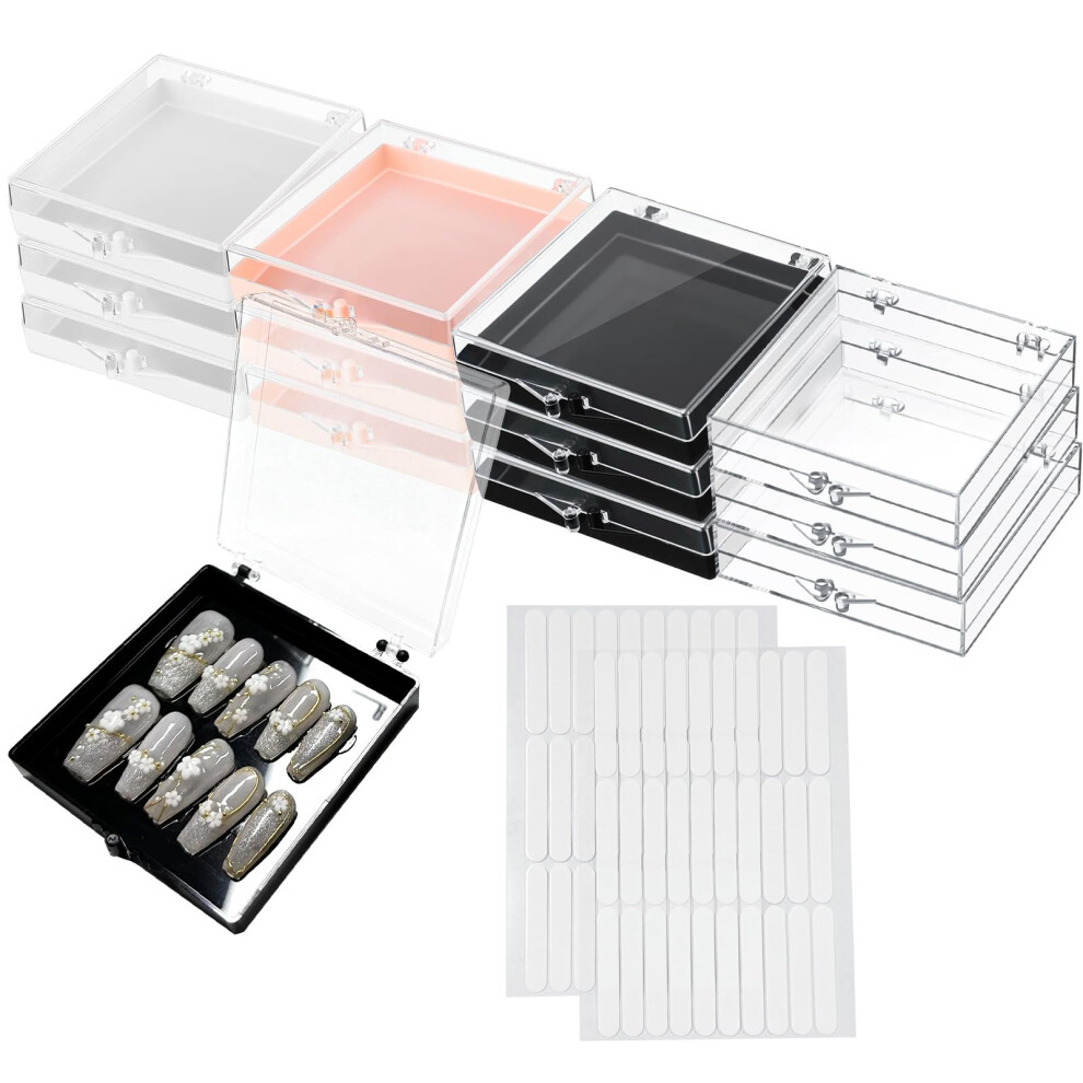 Sawvolker 12 Pcs Press On Nail Storage Box Nails Packaging Box Acrylic Fake Nail Display Case Artificial False Nail Box Organizer Nail Case With 60 Pcs Adh