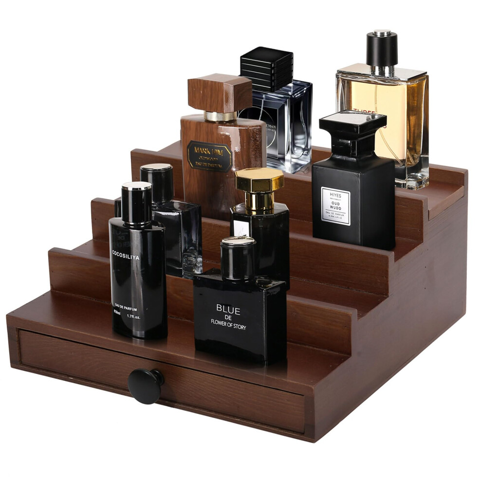 Fengligoo Walnut Cologne Organizer For Men - 4 Tier Wooden Cologne Perfume Display Stand With Drawer And Hidden Compartment Mens Cologne Holder