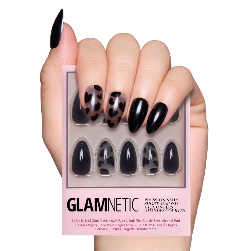 Glamnetic Black Press On Nails - Love Me Not | Short Almond Nails With Heart Accents Reusable Stick On Fake Nails With Glue | Love In Bloom Vale