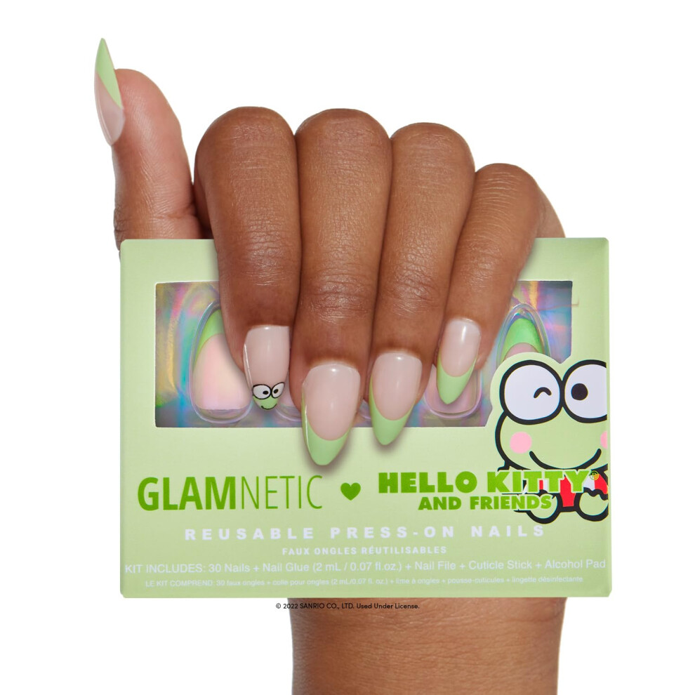 Glamnetic Green X Hello Kitty And Friends Press On Nails - Keroppi | French Tip Short Almond Graphic Nails In A Glossy | 15 Sizes - 30 Nail Kit W