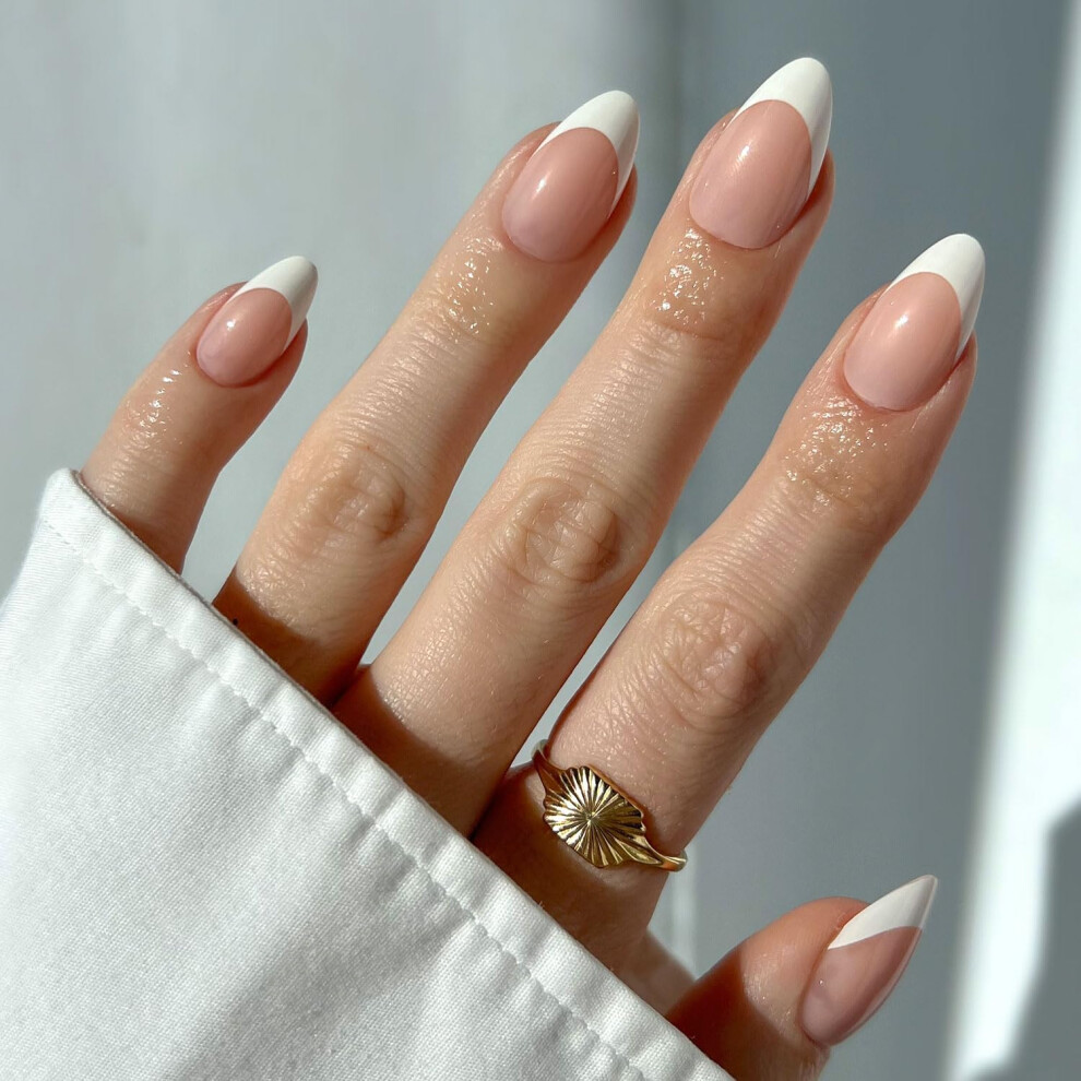 Glamnetic Blue,White Press On Nails - Santorini | Semi-Transparent Blue And White French Tip Short Almond Nails, Reusable | 15 Sizes - 30 Nail Kit