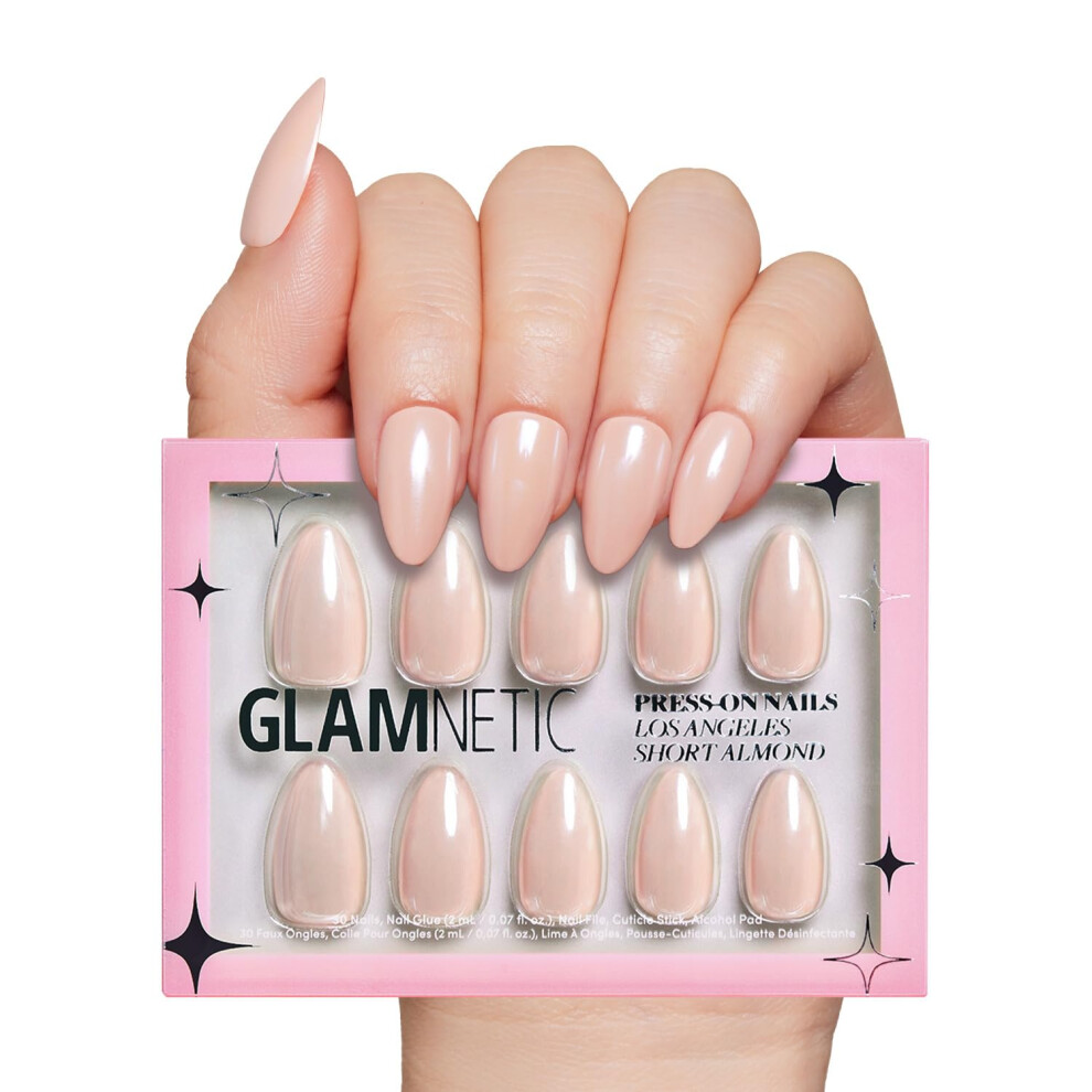 Glamnetic Pink,Cream Press On Nails - Los Angeles | Solid Opaque Blush Nude Pink Short Almond Nails In Glazed Finish Reusable | 15 Sizes - 30 Nail Kit