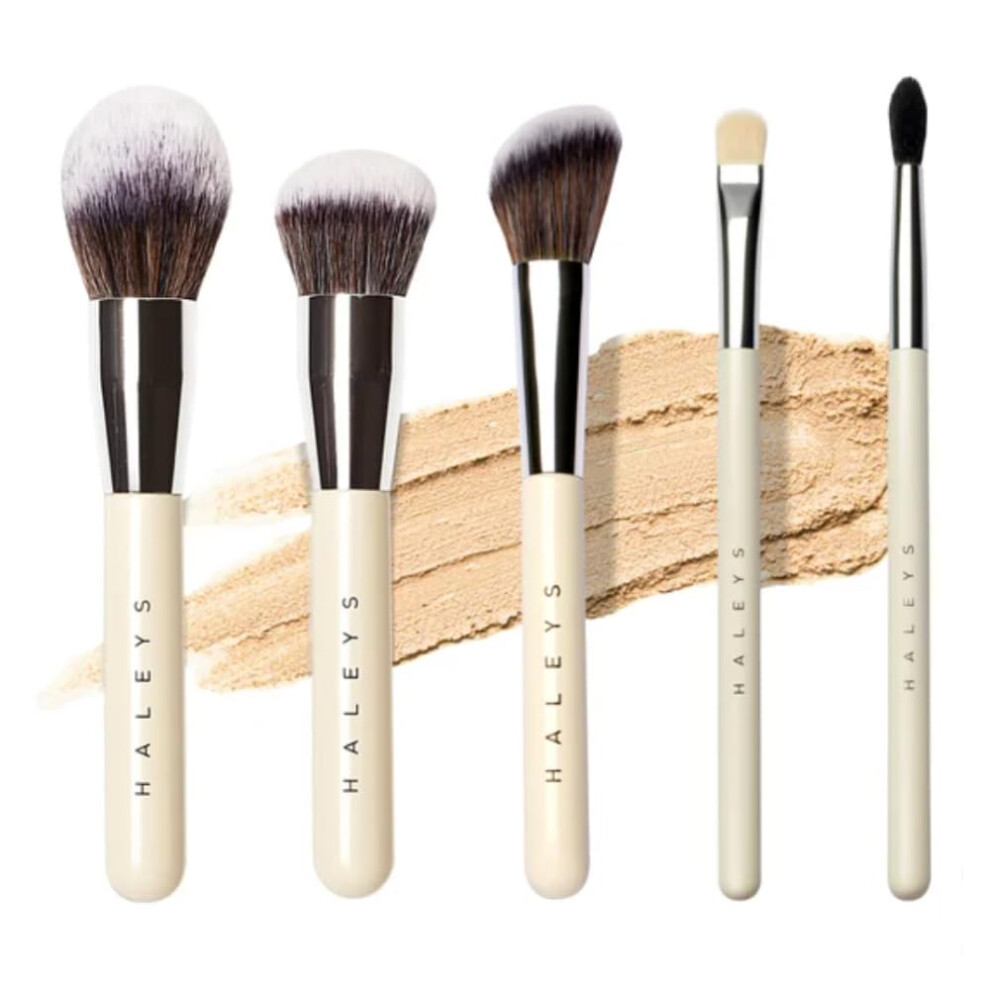 Haleys Cream Makeup Brush Set 5 Pcs: Soft Streak-Free Perfect Blending Buff Blurs And Smooth Premium Luxury Vegan Bristles For Liquid Or P