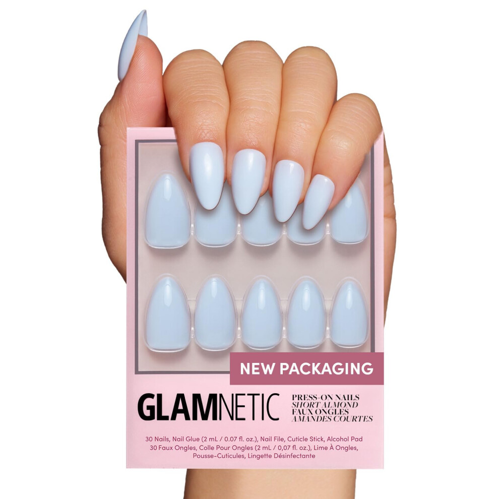 Glamnetic Blue Press On Nails - Berry Milk | Solid Opaque Light Short Almond Nails Reusable | 15 Sizes - 30 Nail Kit