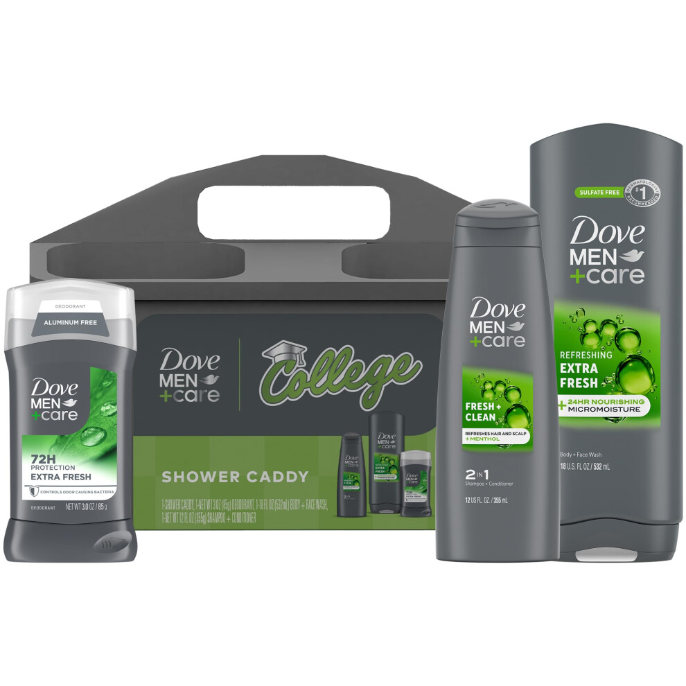 Dove Men+Care Shower Caddy College Gift Set - Extra Fresh Body + Face Wash Deodorant for Men + Fresh & Clean 2-in-1 Shampoo & Conditioner (4 Pie