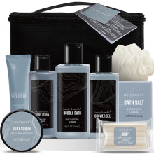 Gift Baskets for Men Body Wash Set Body & Earth Leathers Mens Bath Set with Body Lotion, Face Wash, Shower Gel, Bubble Bath, Loofah & More, Birthday G