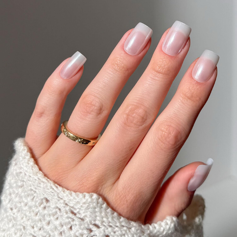 Glamnetic White Press On Nails - Bailey | Medium Square Fake Nails Sheer Glazed Salon Quality | 15 Sizes - 30 Nail Kit Wtih Glue
