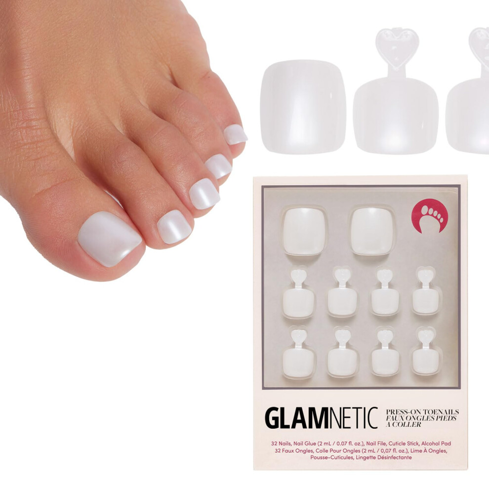 Glamnetic White Press On Toenails - Hailey | Soft Pearl Fake Toe Nails With A Glossy Finish | 16 Sizes - 32 Toe Nail Kit With Glue