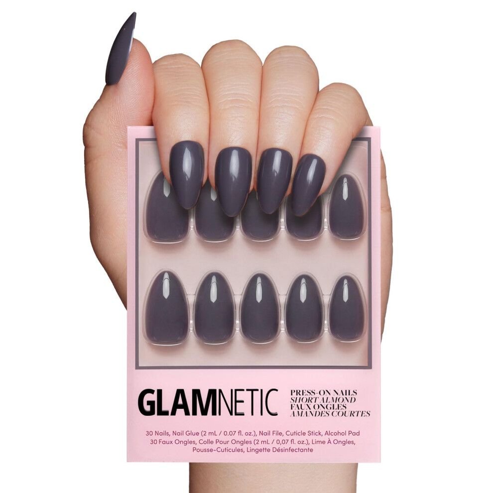 Glamnetic Gray Press On Nails - Ash | Opaque Muted Smoke Short Almond False Nails Reusable Stick On Fake Nails With Glue | Salon Quality |