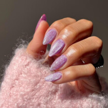 KQueenest Glitter Press on Nails Amndoa Curta com Revestimento UV Unhas de Gel Grossas e Fofas Olho de Gato Pressione em Acrlico Brilhante Unha