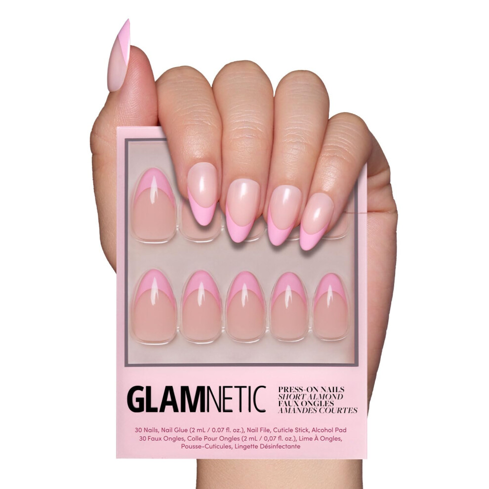 Glamnetic Pink Press On Nails - Macaron | Semi-Transparent Pastel Light French Tip Short Almond False Nails Reusable Stick On Fake Nails Wi