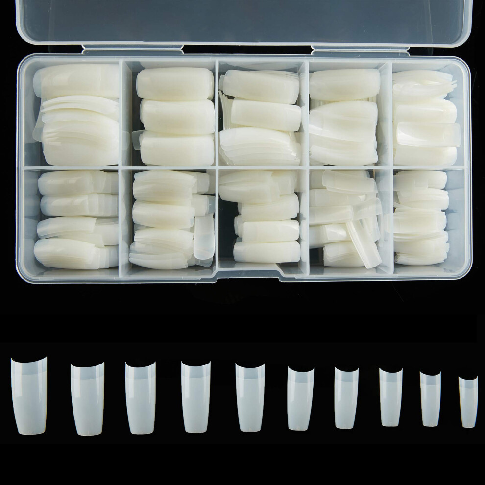 Rayanway French Acrylic False Nail Tips 500Pcs Fake Nail Shape Artificial False Nails Tips 10 Sizes With Case For Nail Art Salons (Natural)