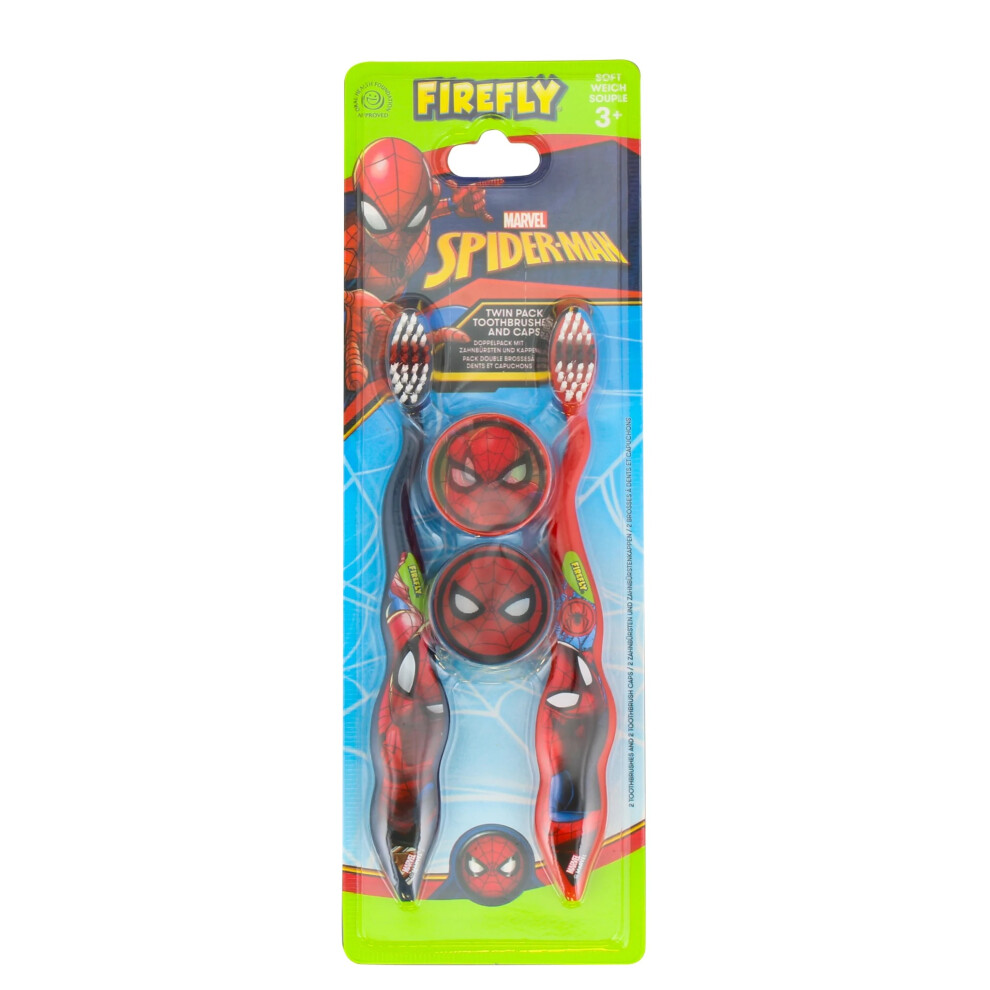 Firefly Marvel Spiderman Superhero Kids Travel Toothbursh With Caps Twin Pack