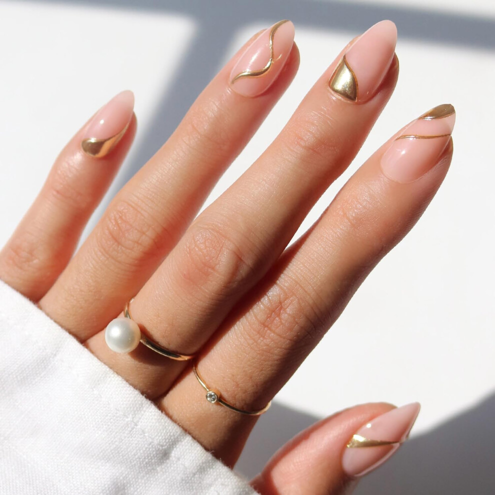 Glamnetic Cream,Gold X Glamzilla Press On Nails - I Am A Rich Man? | Short Almond Nude Fake Nails With Gold Foil Salon Quality | 15 Sizes - 30 Nail Kit Wit